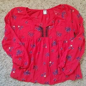Boho Red Floral Peasant Top with Tassel Ties